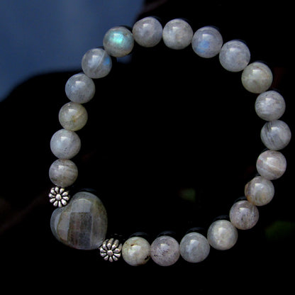 Labradorite gemstone and sterling silver beaded crystal stretch bracelet