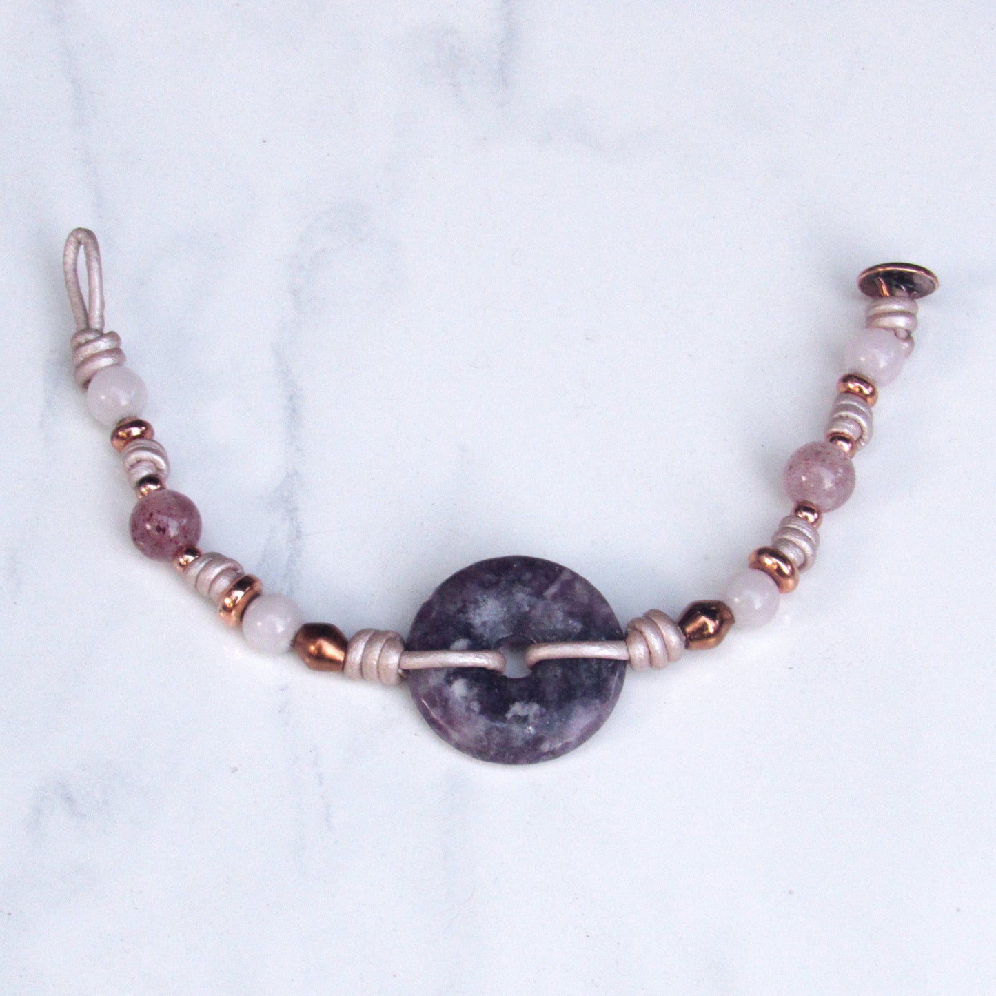 Lepidolite, Strawberry Quartz, Clear Quartz, White Agates with Copper Lotus Button