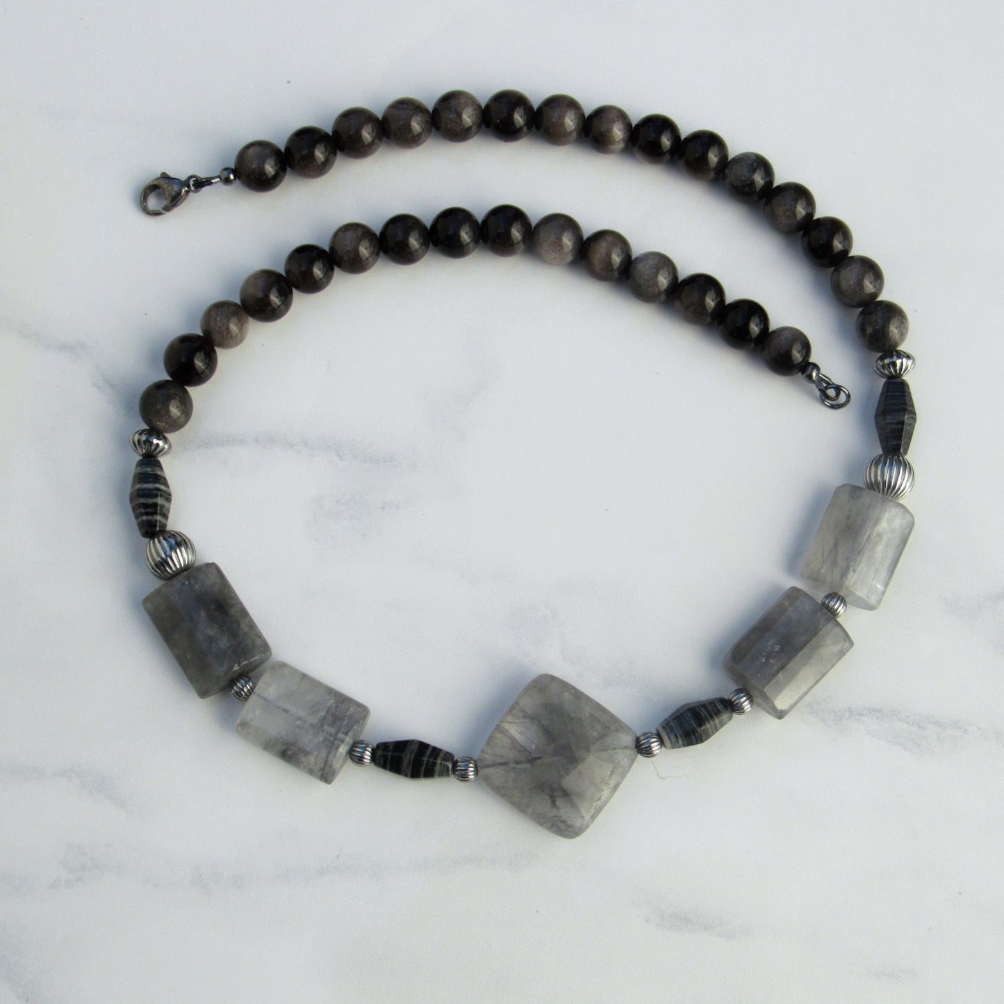 Cloudy Quartz, silver leaf Jasper and silver obsidian with oxidized s silver men’s handmade necklace