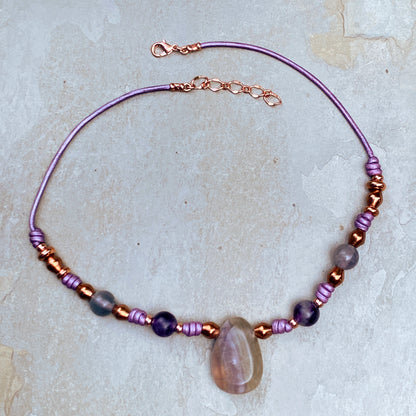 Fluorite Gemstone and copper hand knotted leather necklace