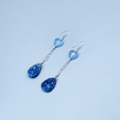 Blue Druzy Gemstone, Blue Jade Hearts, White Topaz, Sterling Silver Drop Earrings