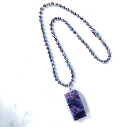 Men’s Fluorite Gemstone Pendant Hand Wrapped w/ Sterling Silver on Patina Copper Chain