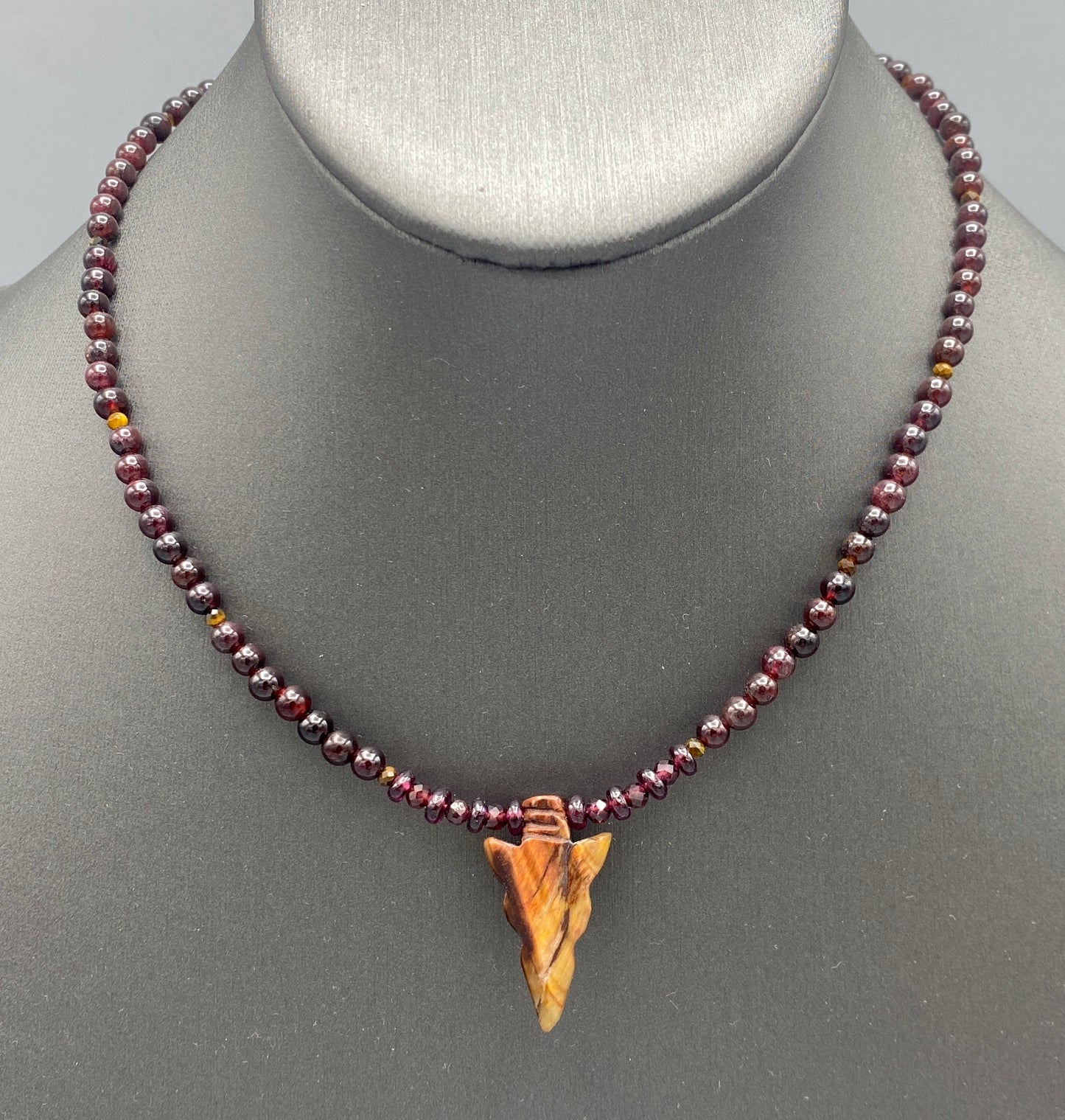 Red Tiger Eye Gemstone Arrow and Garnet Necklace w/ 14 kt Rose Gf components