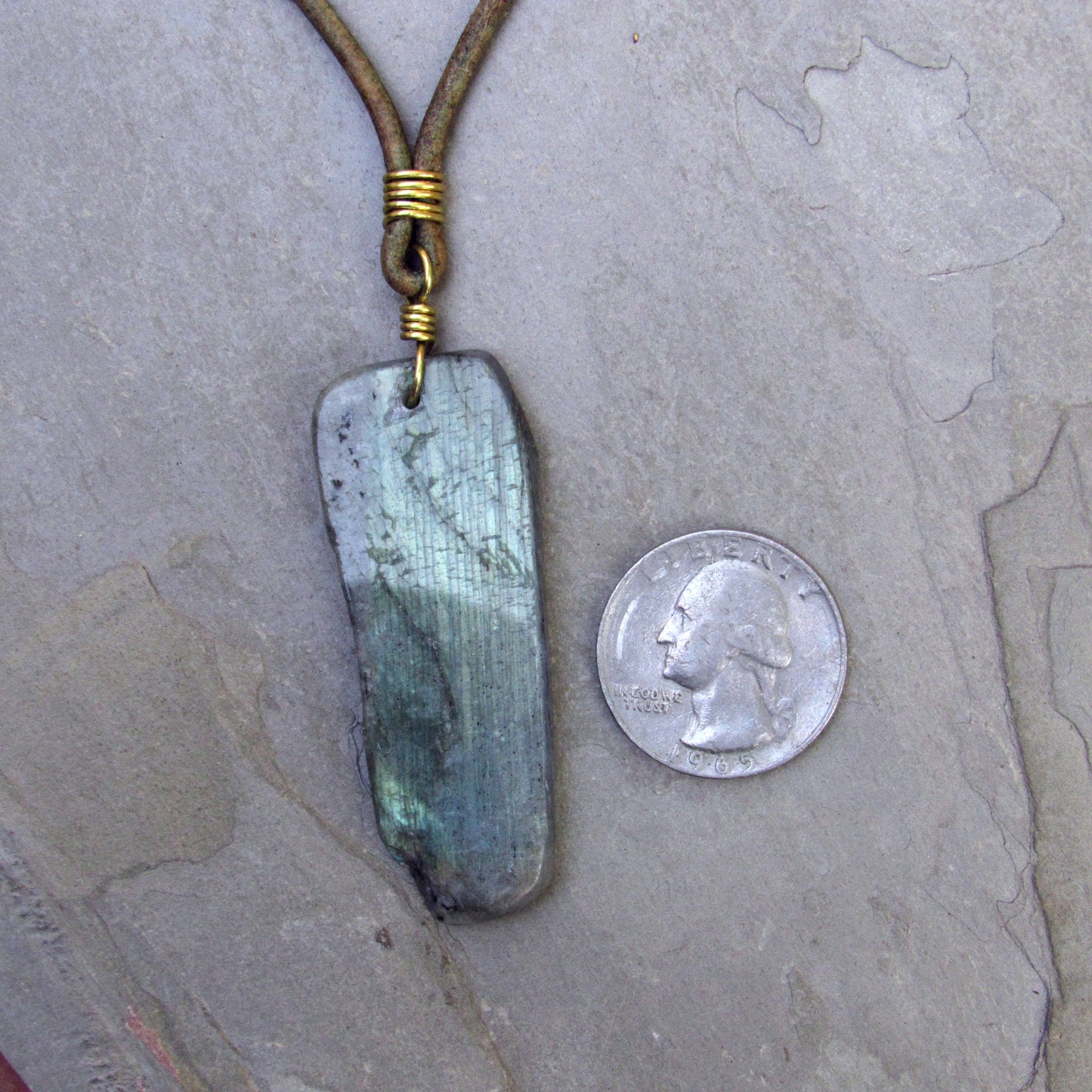 Labradorite gemstone hand wrapped with Brass on leather necklace