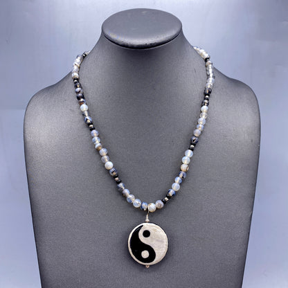 Onyx and Tibetan Agate gemstone Yin Yang Necklace