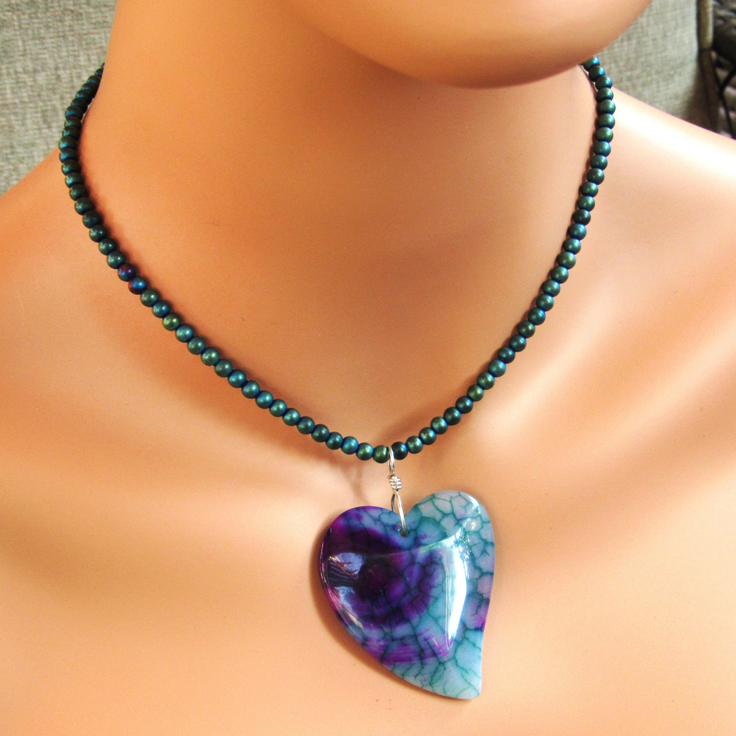 Dragon’s Vein Agate Pendant Heart on Blue Hematite w/ Sterling Silver