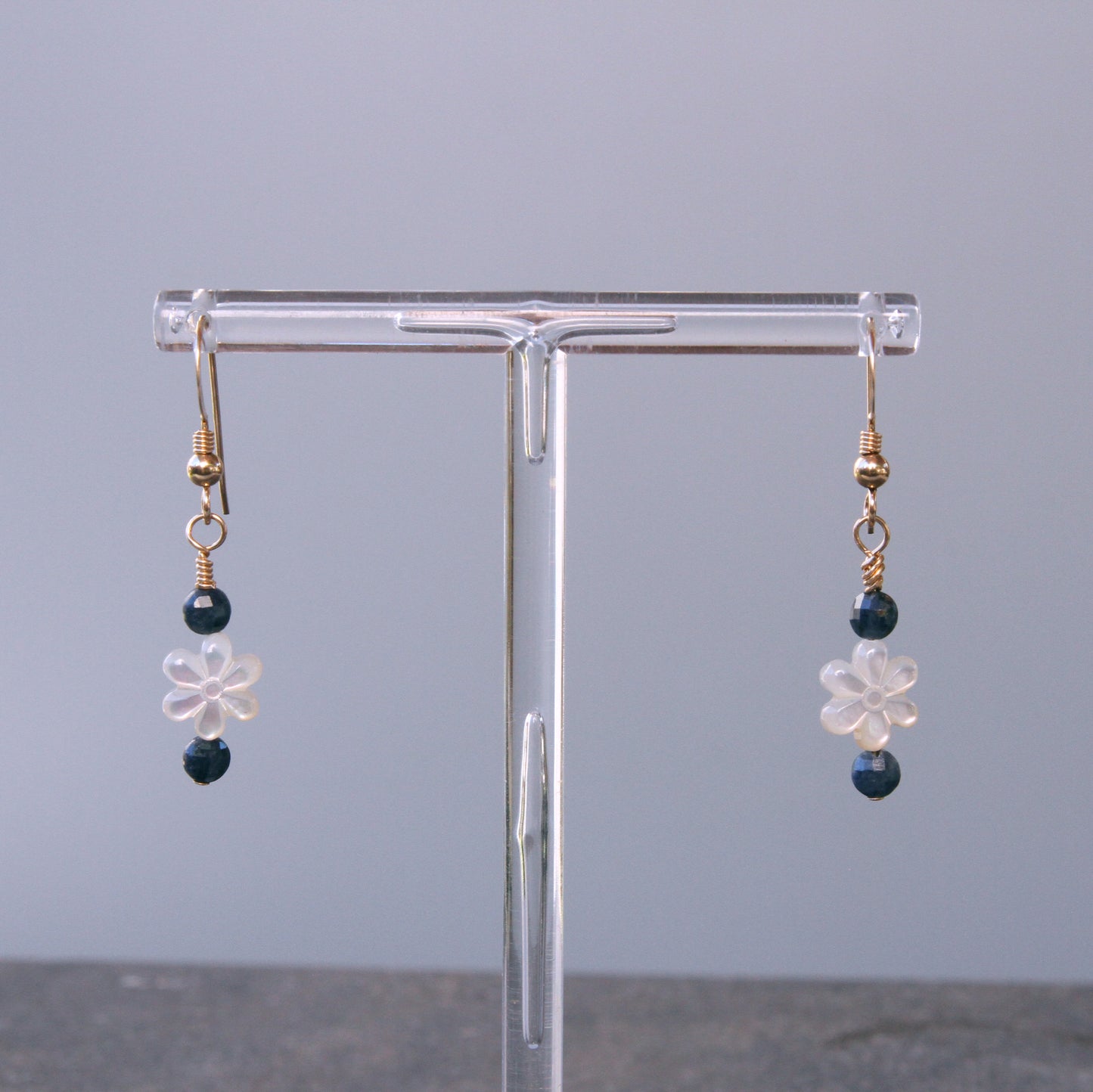 Mother of Pearl and Blue Sapphire with 14 Kt Gold Drop Earrings