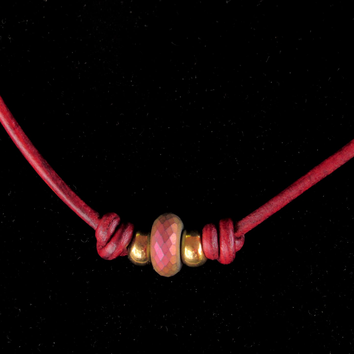 Hematite gemstone with Brass on Red Leather Necklace