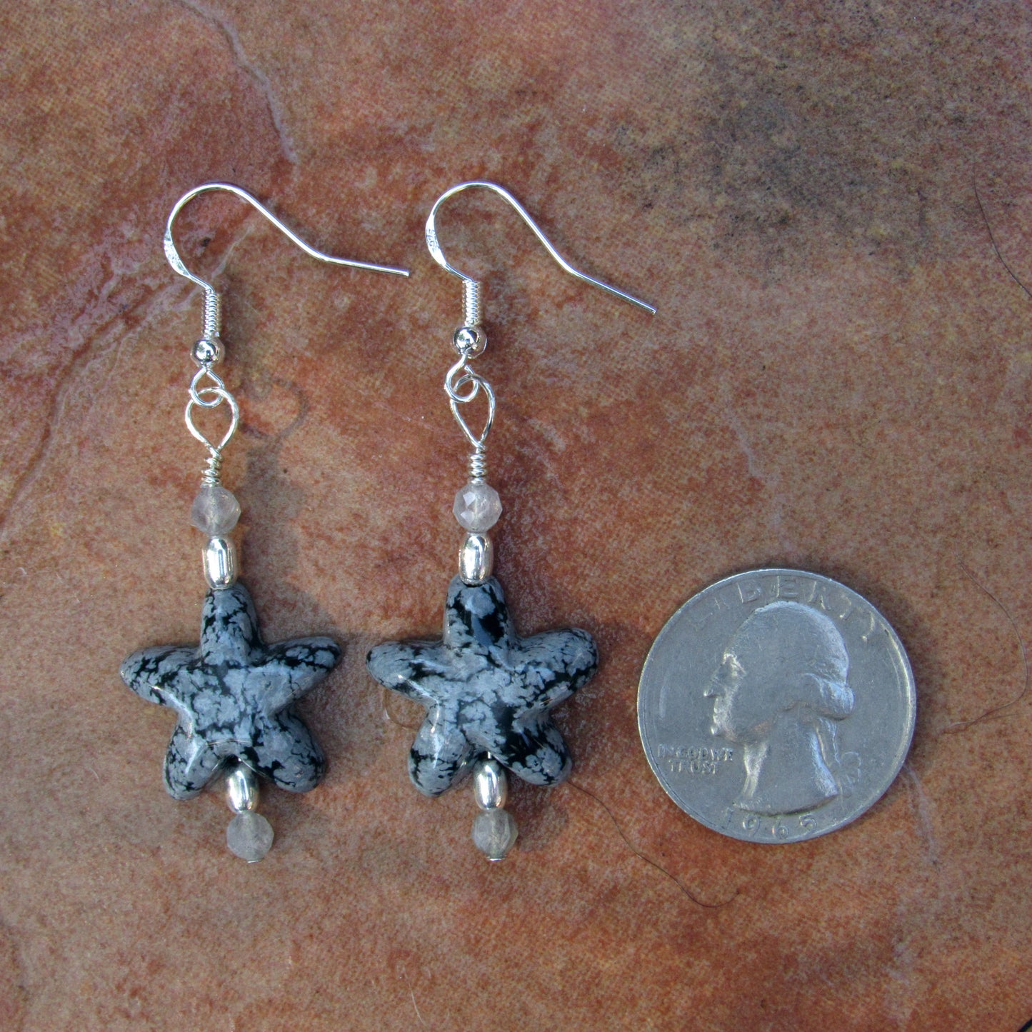 Snowflake Obsidian gemstone Stars, Labradorite, and Sterling Silver Drop Earrings