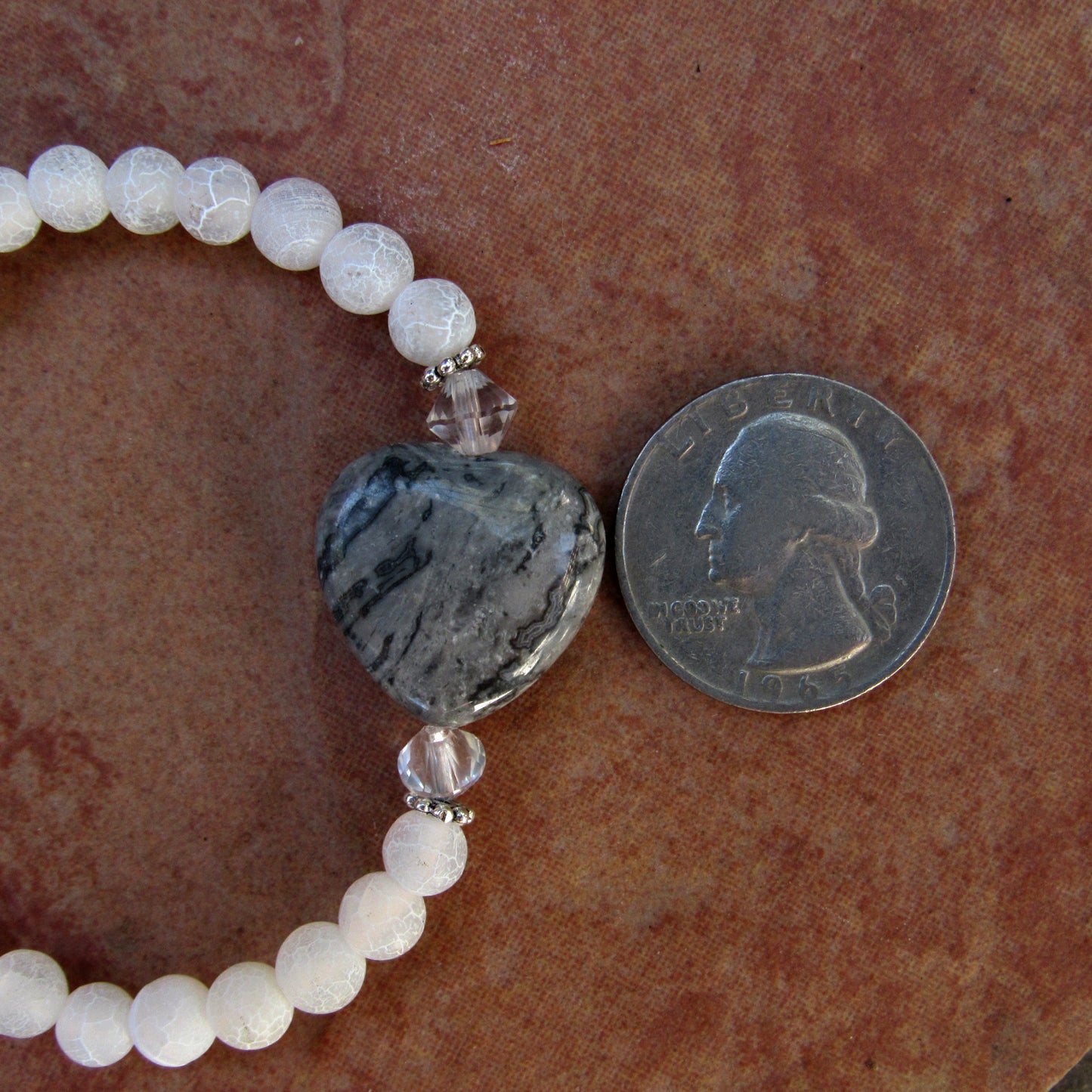 Frosted White Agate Gemstones, Chinese Crazy Lace Agate Heart, and Clear Quartz bracelet