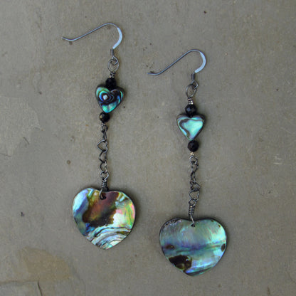 Abalone Hearts, Black Spinel gemstones, and Oxidized Sterling Silver Drop Earrings