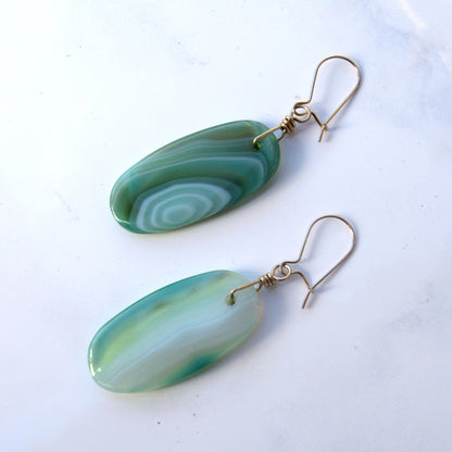 Green Banded Agate gemstone hand wrapped with 14 kt Gold filled Drop Earrings