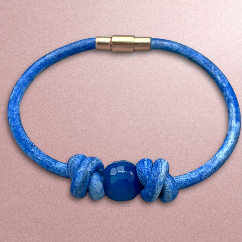 Blue Agate gemstone Leather Bracelet