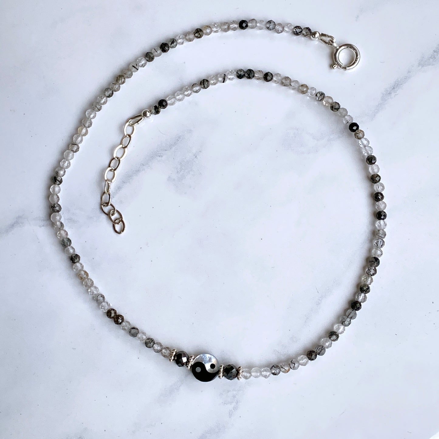 Yin Yang, Black Diamonds, tourmaline Quartz, and Sterling Silver Choker