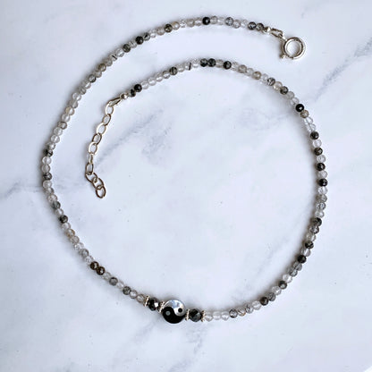 Yin Yang, Black Diamonds, tourmaline Quartz, and Sterling Silver Choker