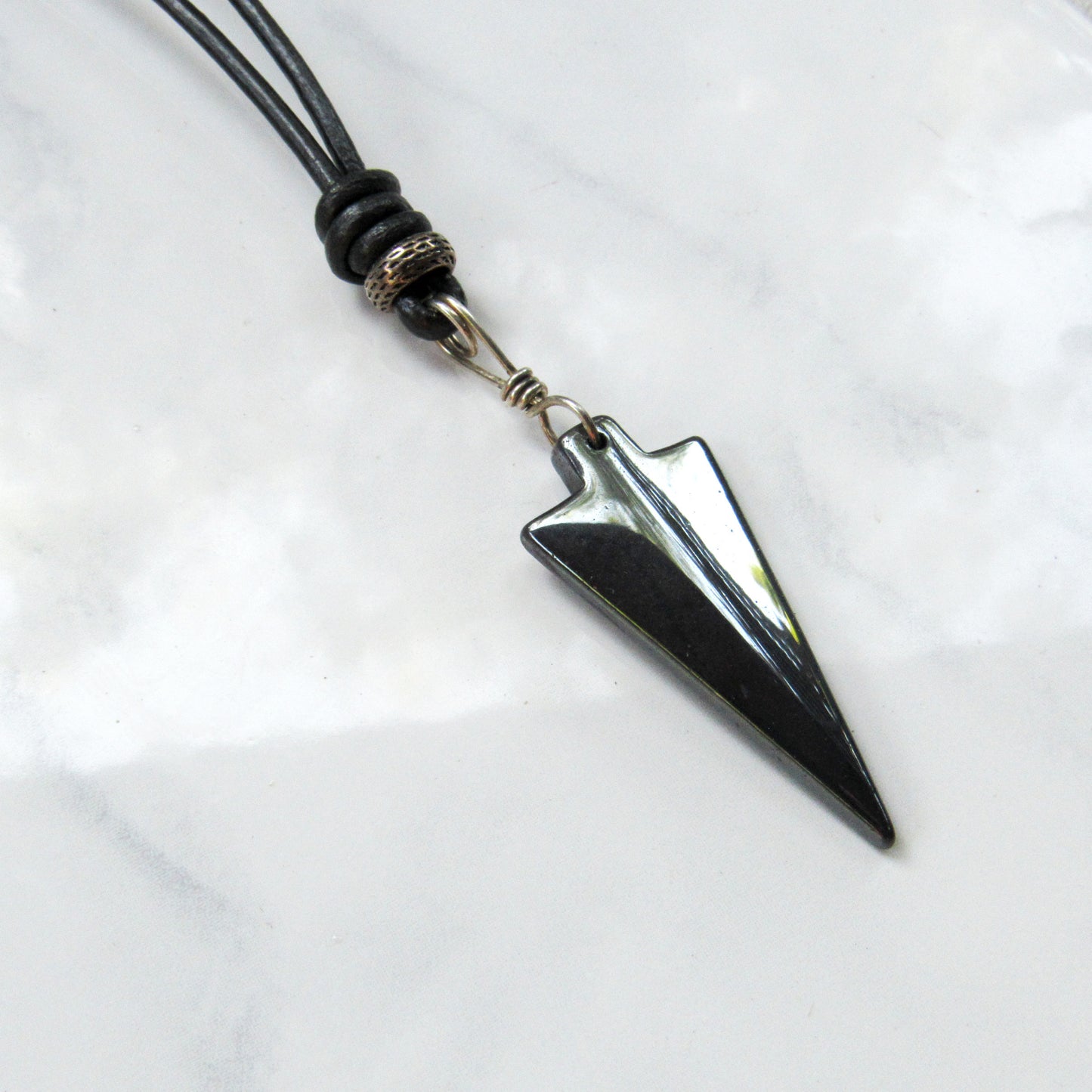 Hematite Arrow Hand Wrapped and Knotted with Sterling Silver on Leather Necklace