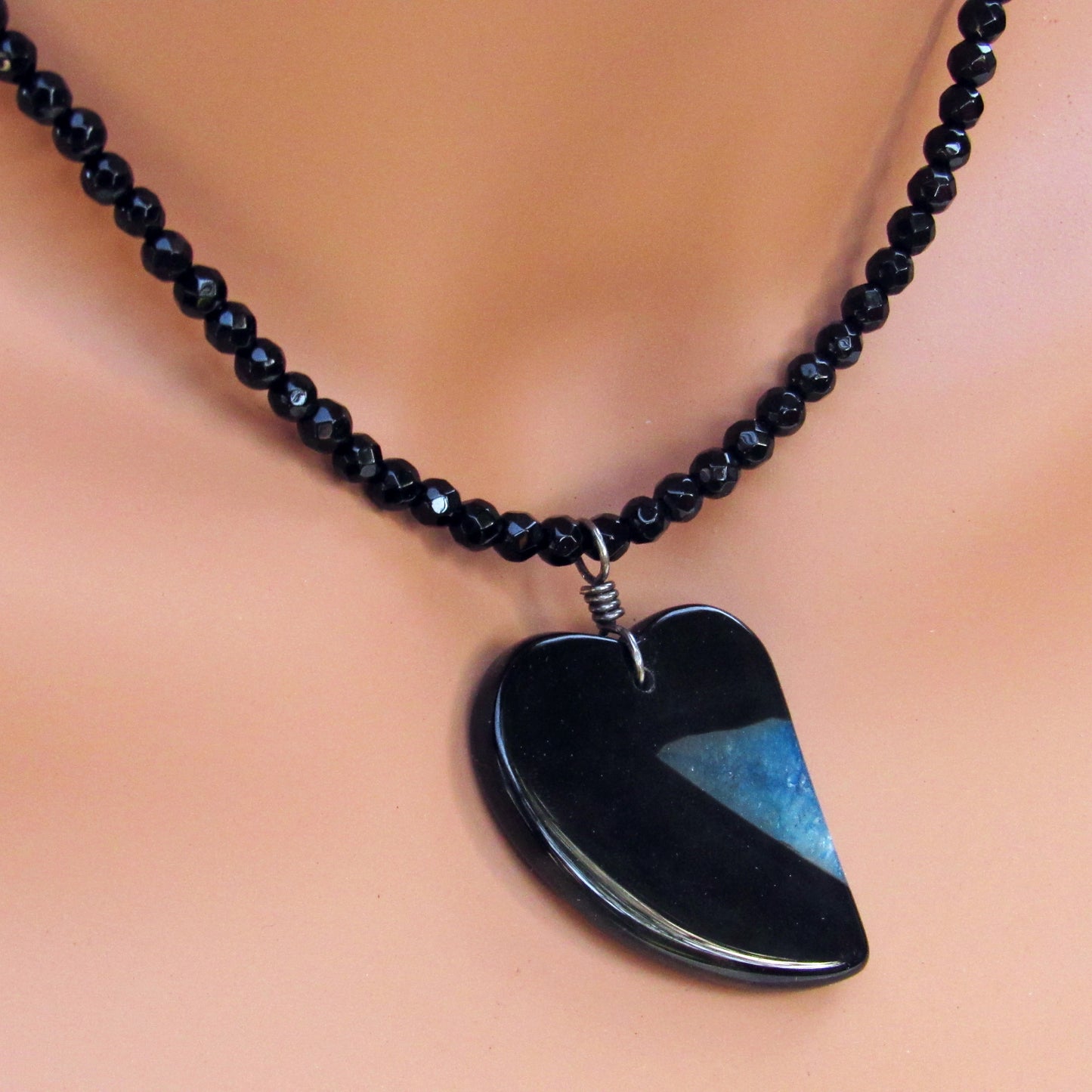 Druzy Agate gemstone Heart on Onyx Necklace