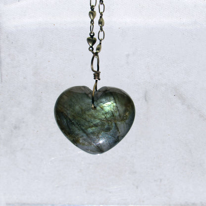 Labradorite gemstone Heart with Brass Heart Chain