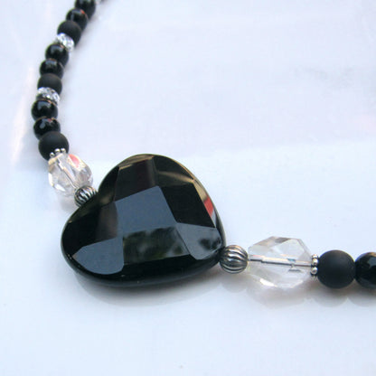 Onyx Heart on onyx, Oxidized Sterling Silver and Quartz gemstone Necklace