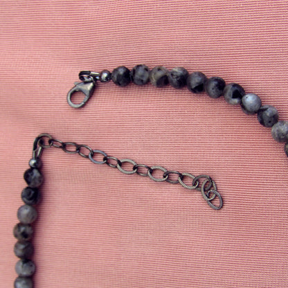 Larvikite gemstone, Clear Quartz, Onyx, and Oxidized Sterling Silver Anklet