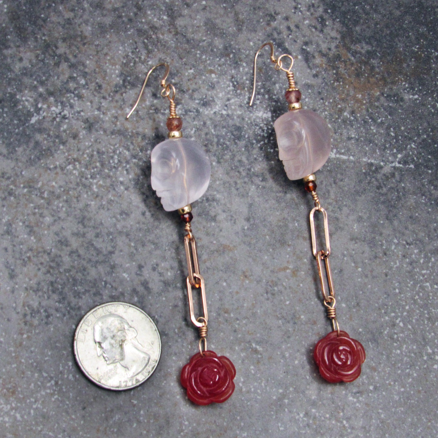 Rose Quartz Skulls, Lepidolite, Red Tourmaline, Red Agate Roses, 14 Kt Rose GF Drop Earrings