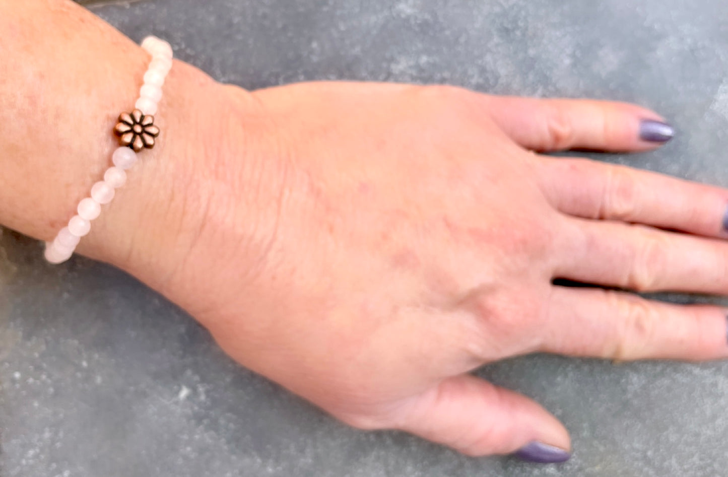 Rose Quartz and Copper Flower Beaded Stretch Bracelet