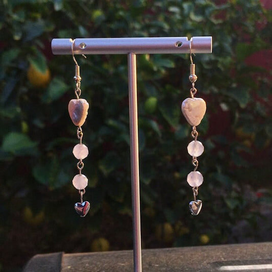 Pearl, Rose Quartz, Hematite Gemstone and Sterling Silver drop earrings