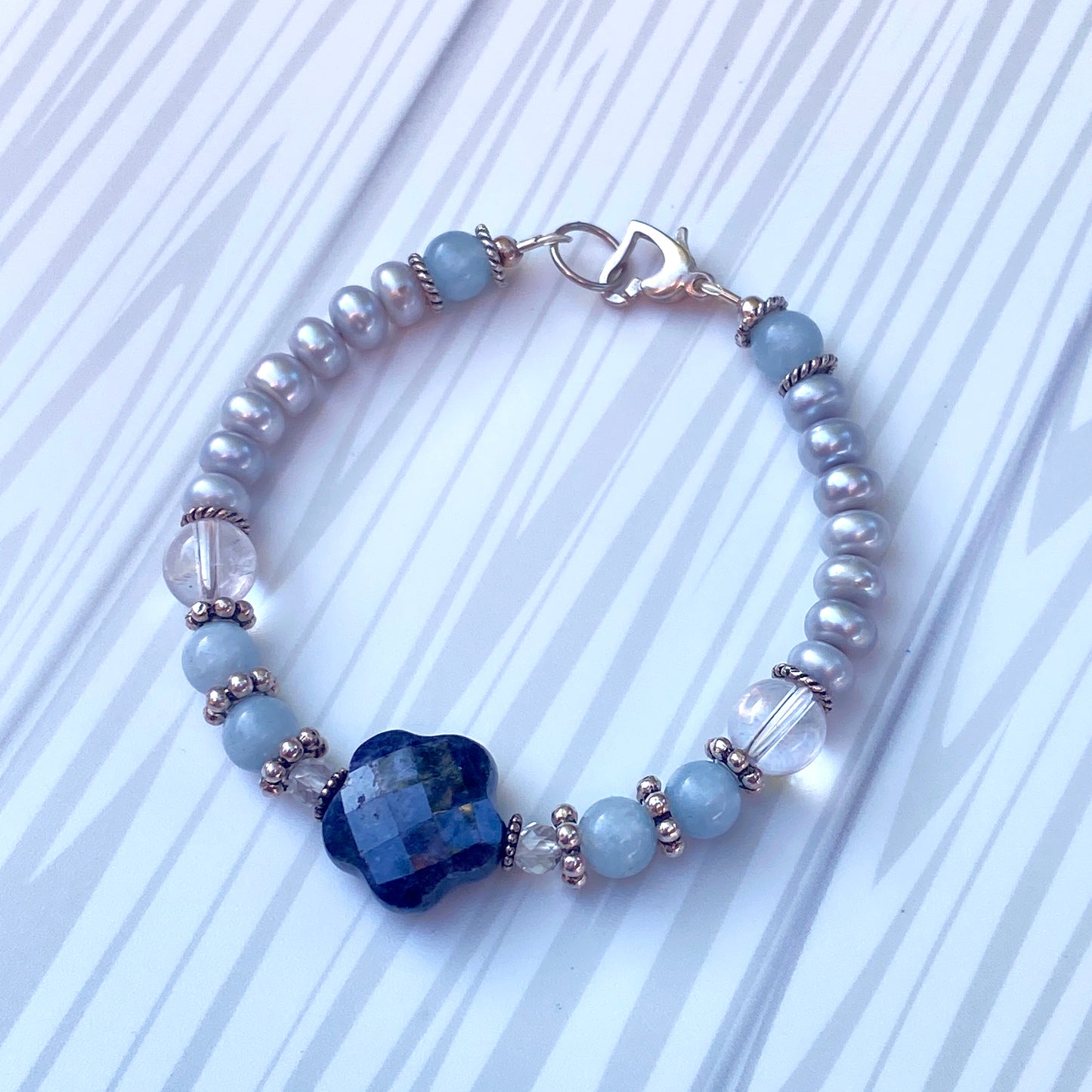 Blue Sapphire gemstone beaded Bracelet with aquamarine and quartz