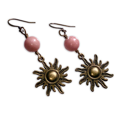 Brass Sun and Rhodonite gemstone Dangle Earrings