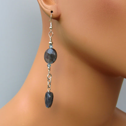 Natural Flashy Heart Labradorite, Blue Topaz, and genuine Sterling Silver Drop earrings