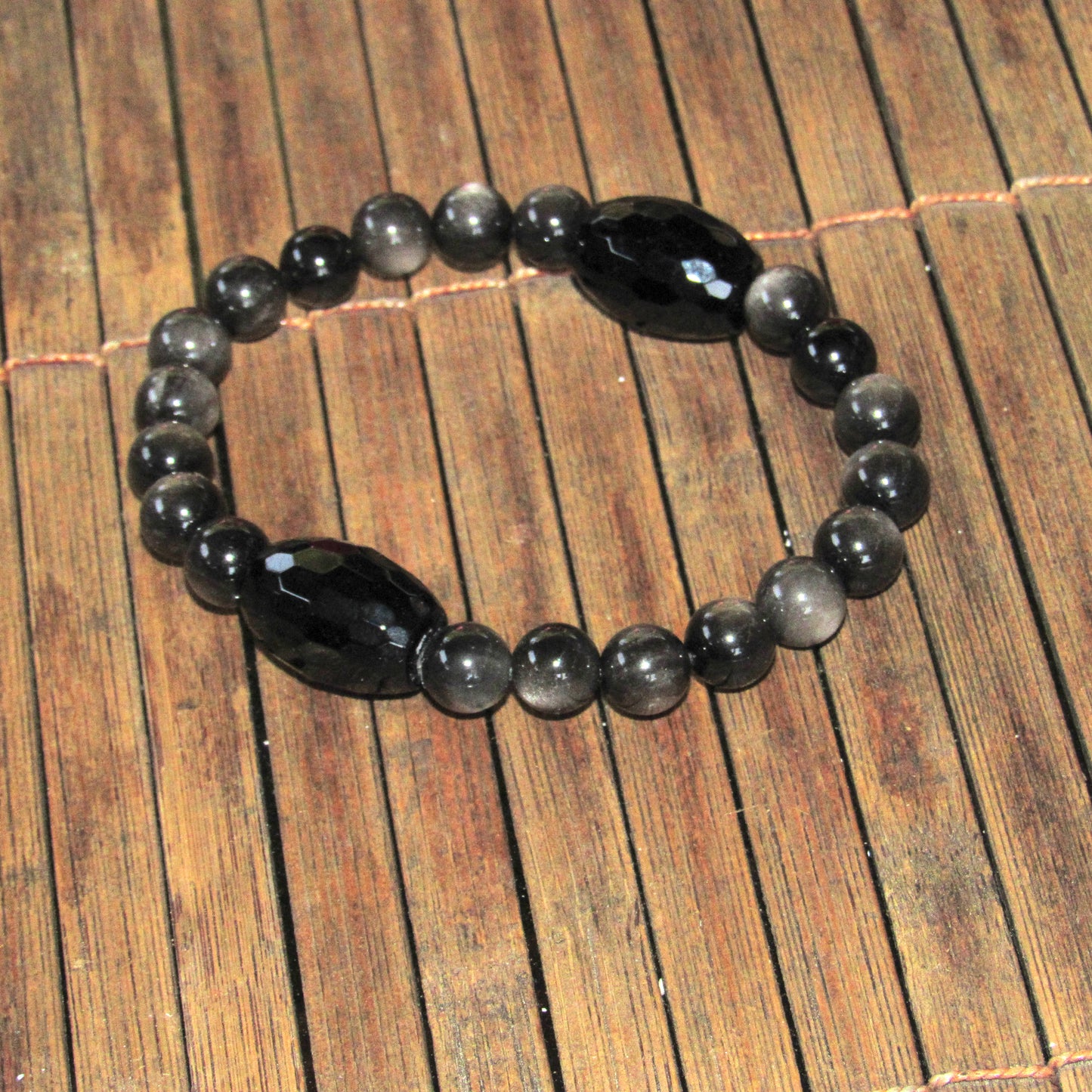 Chunky Black Onyx and Silver Obsidian Gemstone Stretch Bracelet