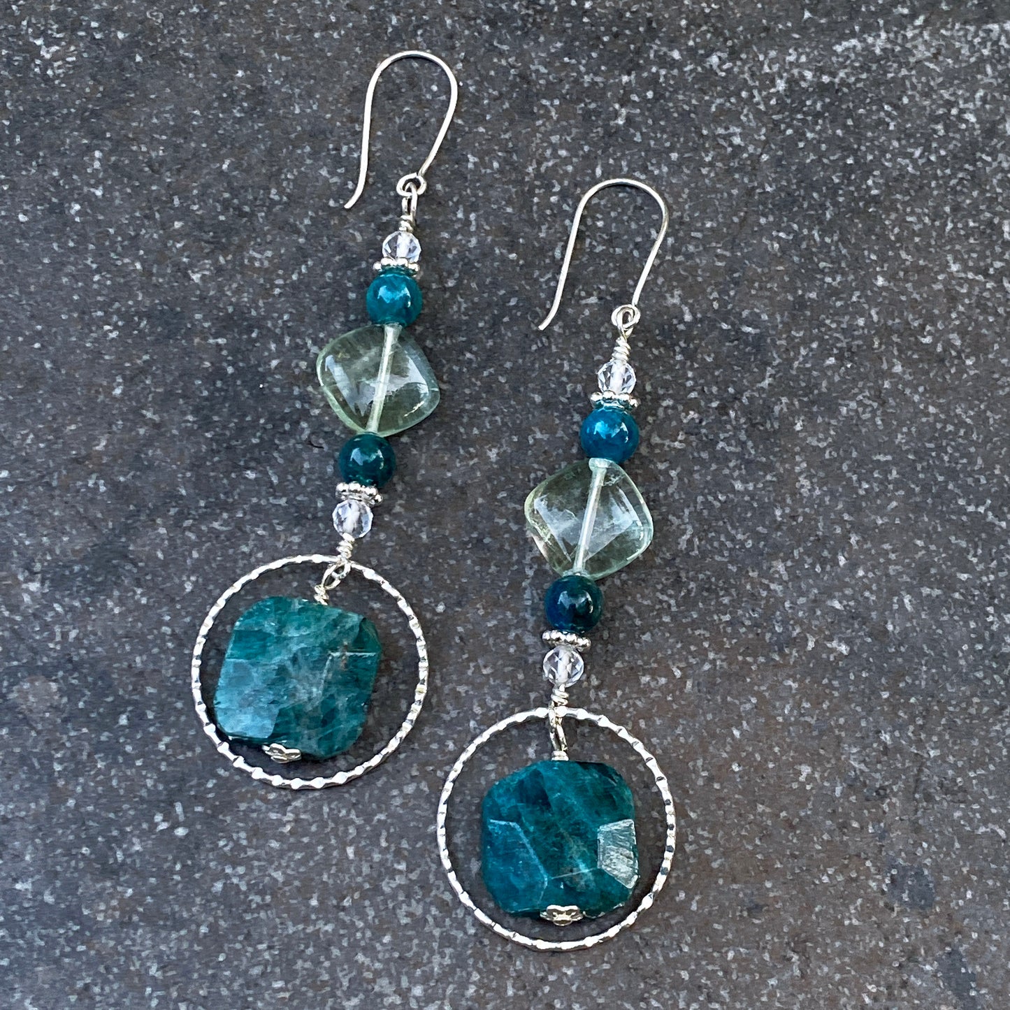 Apatite, Fluorite, White Topaz, and Sterling Silver Long Drop Earrings