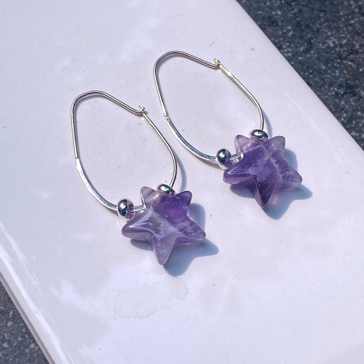 Amethyst Star and Sterling Silver Hoop Earrings