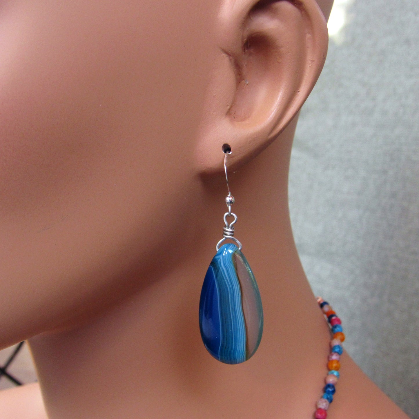 Blue Onyx Agate Tear Drop Shape and Sterling Silver Earrings