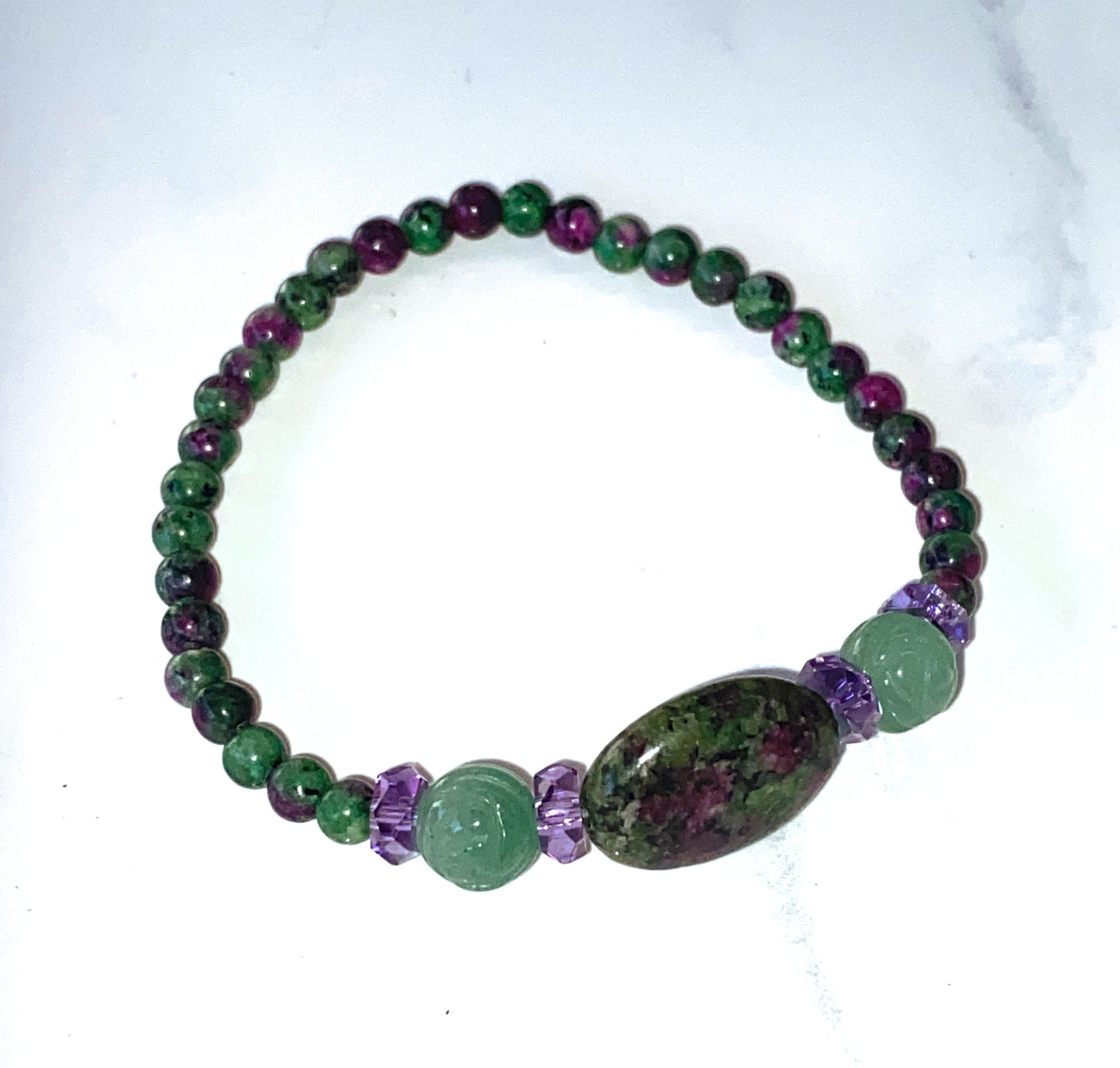 Ruby Zoisite, Green Aventurine, and Amethyst gemstone Stretch Bracelet