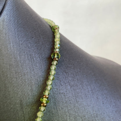 Peridot gemstone beaded necklace with brass Sun pendant necklace