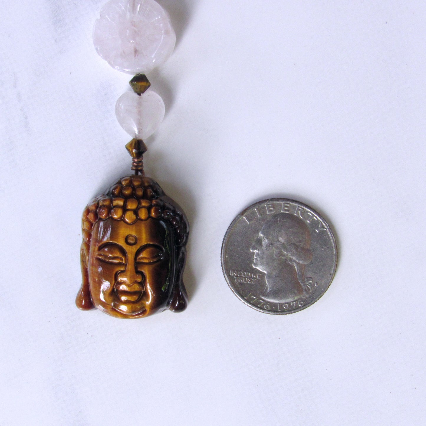 Tiger Eye Buddha Copper, Rose Quartz Flower, on Tan Braided Leather with Copper Clasp