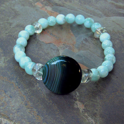 Men's Green Banded Agate gemstone, Green Amethyst, Green Moonstones, Stretch Bracelet