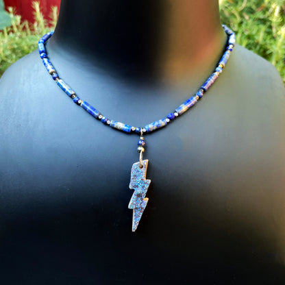 Women’s Blue Druzy Bolt Wired w/ Oxidized Sterling Silver and Lapis Lazuli Necklace