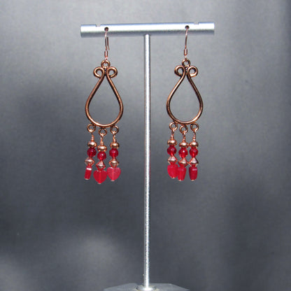 Jade gemstone hearts, Red agates, and copper chandelier earrings