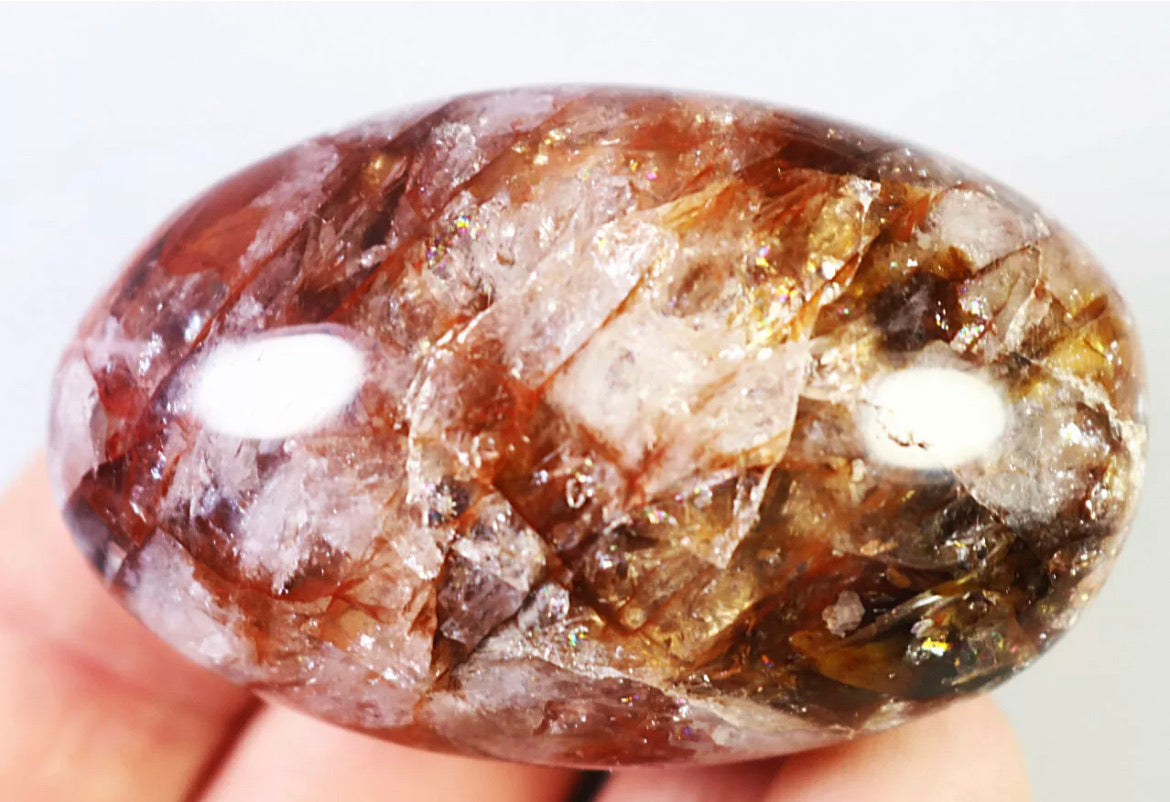 Natural Red Fire Hematoid  Quartz  Rainbow Crystal Palm Stone