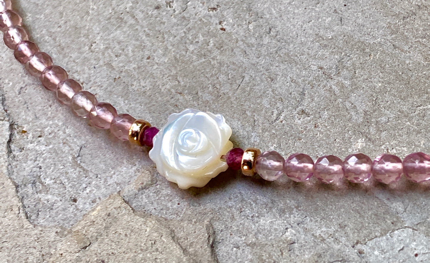 Mother of Pearl Rose Choker Necklace on Pink Amethyst & 14 kt Rose Gf