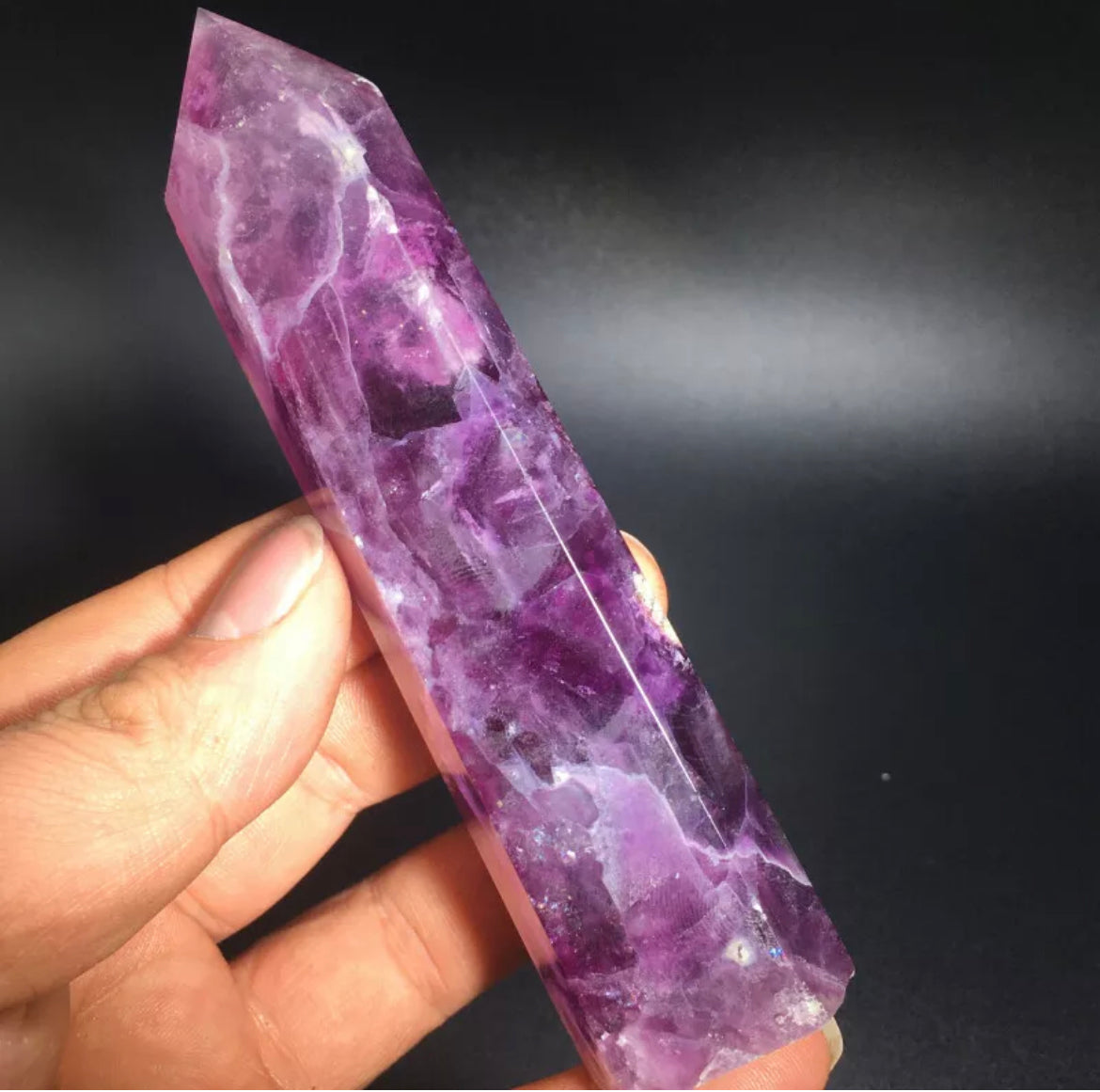 Natural purple fluorite gemstone tower point aura wand