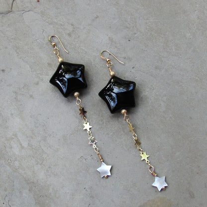 Black Agate Star, 14 kt Gold Fill, and Mother of Pearl Drop Earrings