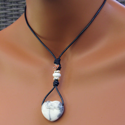 Howlite hand knotted leather with Sterling Silver Skull Necklace