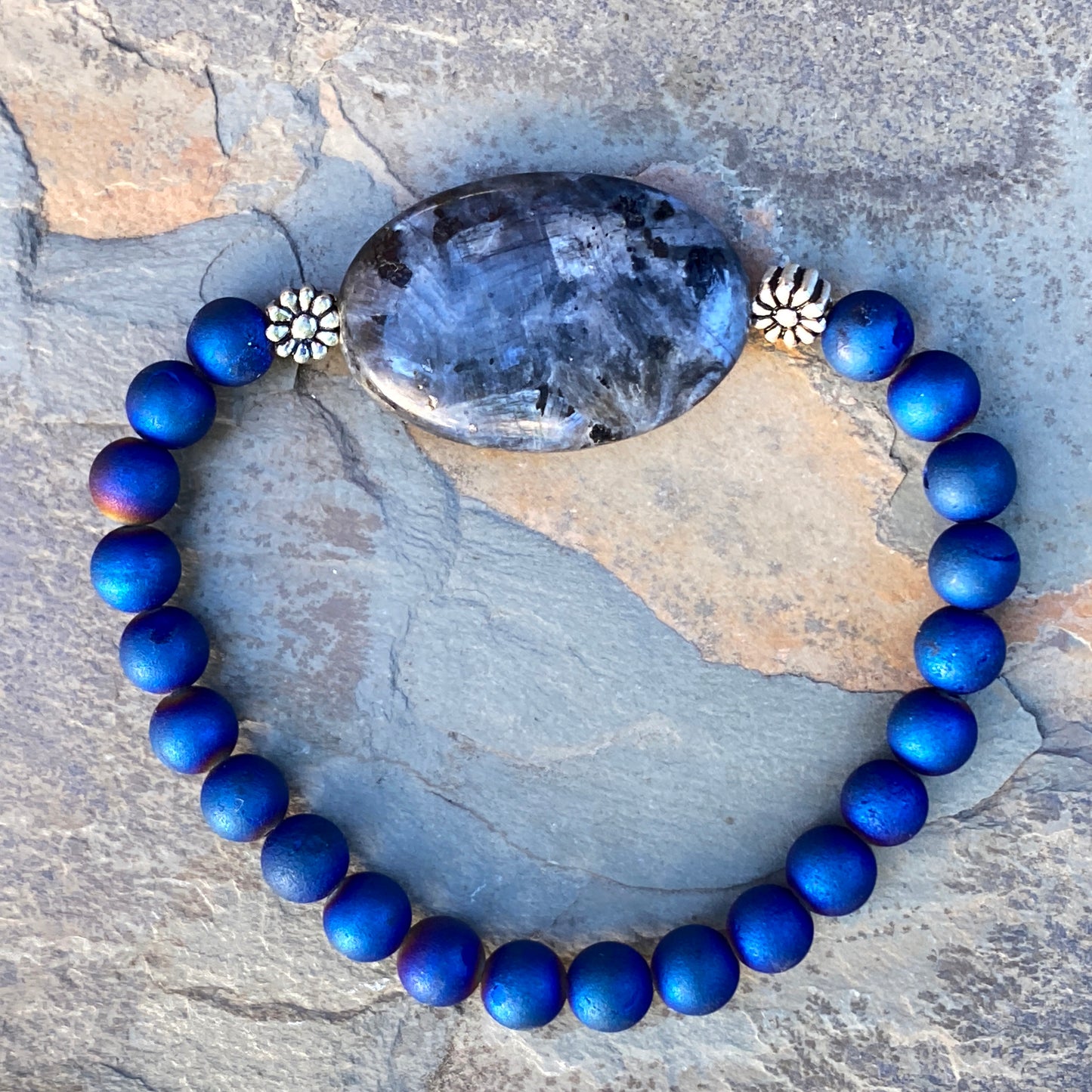 Blue Flame Larvikite and Druzy Agate Gemstone with Sterling Silver Bracelet