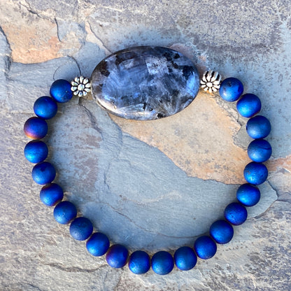 Blue Flame Larvikite and Druzy Agate Gemstone with Sterling Silver Bracelet