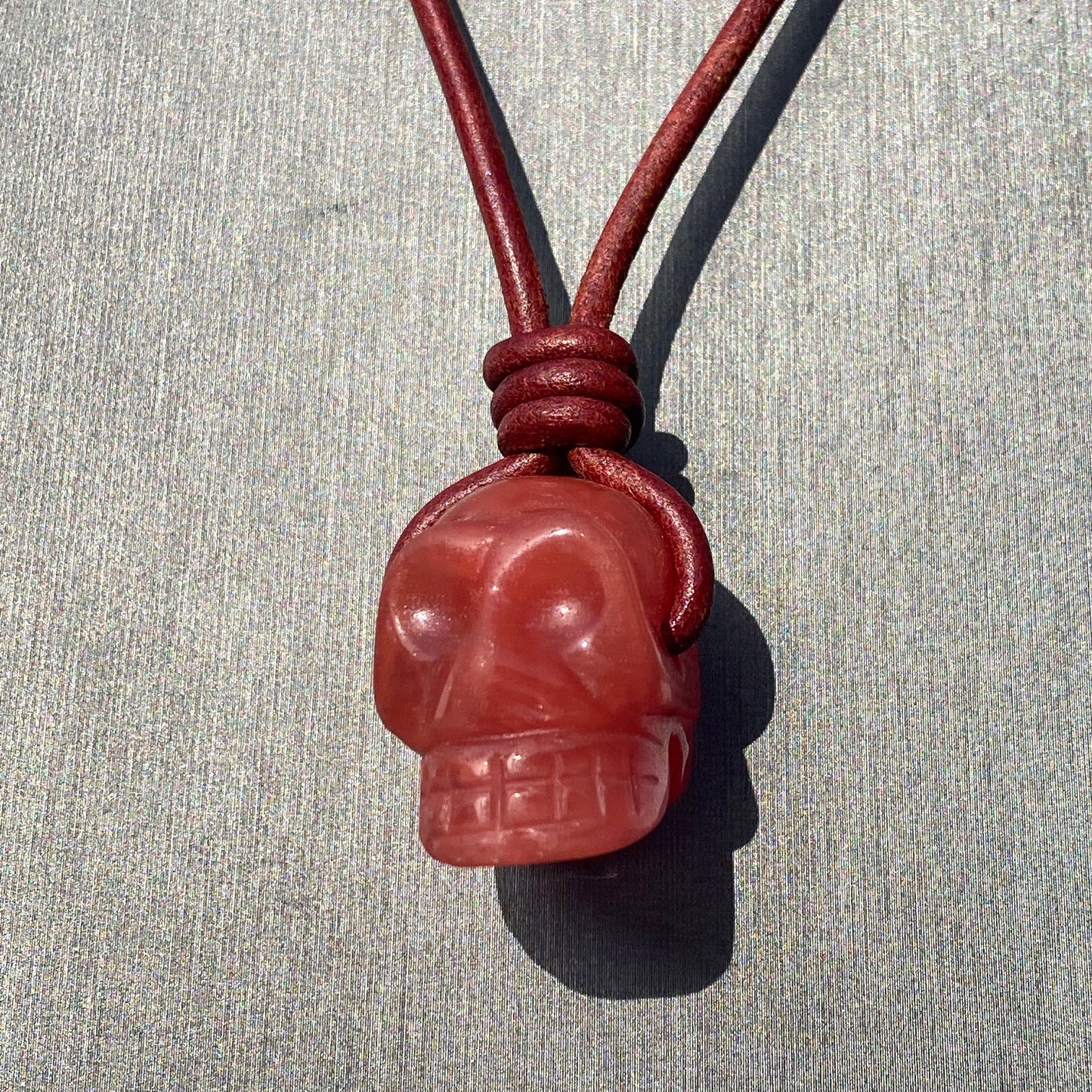 Cherry Quartz gemstone Skull leather Necklace