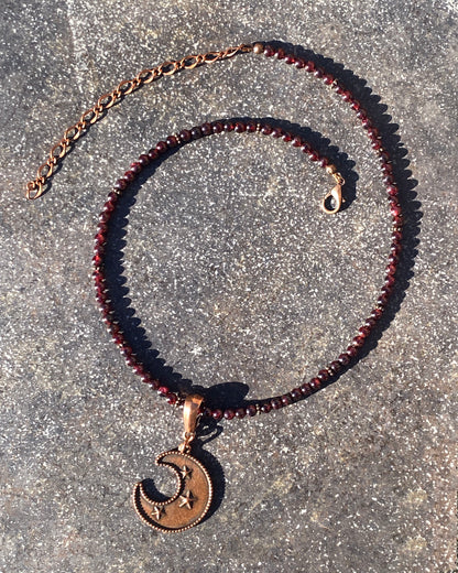 Garnet and Copper Moon Beaded Necklace