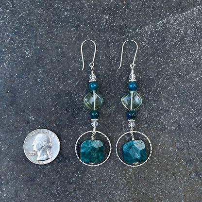 Apatite, Fluorite, White Topaz, and Sterling Silver Long Drop Earrings